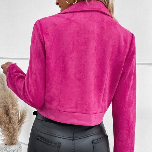 Luxe Hot Pink Zipper Vegan Suede Moto Biker Jacket - Picture 4 of 5